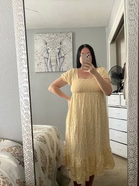 Women’s Yellow Midi Smocked Shirred Ruffle Babydoll Dress L Large